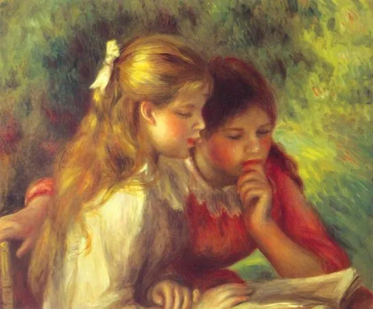 Two girls reading together in Pierre-Auguste Renoir’s painting The Reading